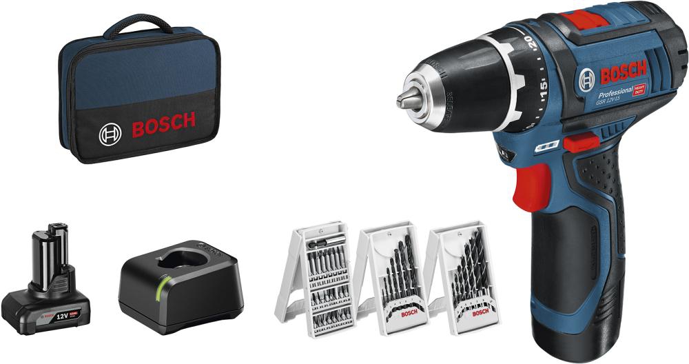 BOSCH Akku-Bohrschrau. + 39 tlg. Zubehör GSR 12V-15, 2 Ah, 4,0 Ah, Ladeg, Tasche