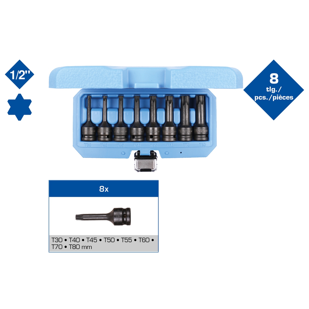Brilliant Tools 1/2" Kraft Bit-Stecknuss Satz, Torx, 8-tlg, T30 - T80