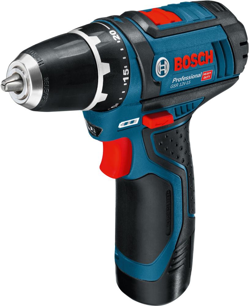 BOSCH Akku-Bohrschrau. + 39 tlg. Zubehör GSR 12V-15, 2 Ah, 4,0 Ah, Ladeg, Tasche