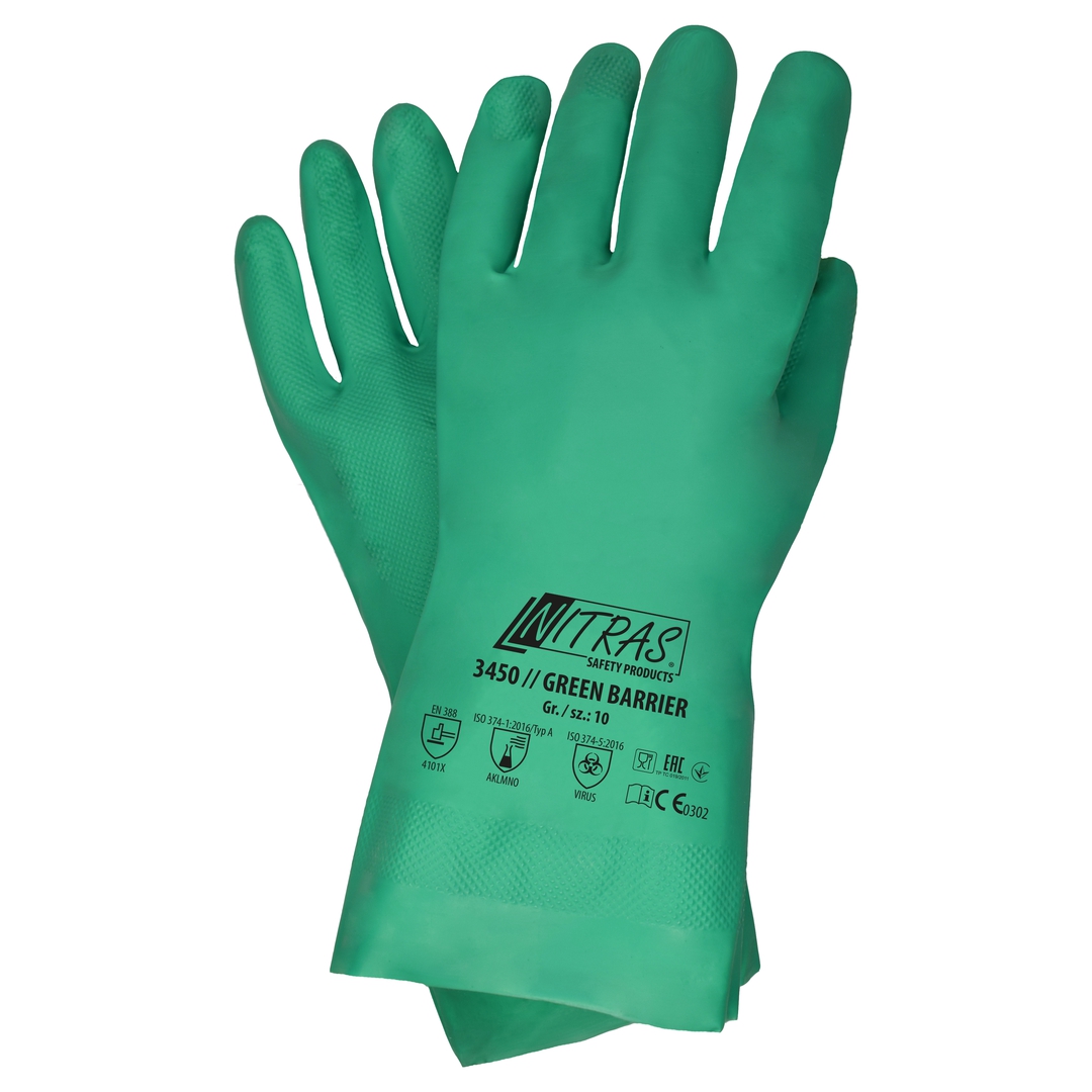 NITRAS Chemikalien-Schutzhandschuh 3450 Gr.10, 32cm grün Nitril EN 388/374 CAT 3