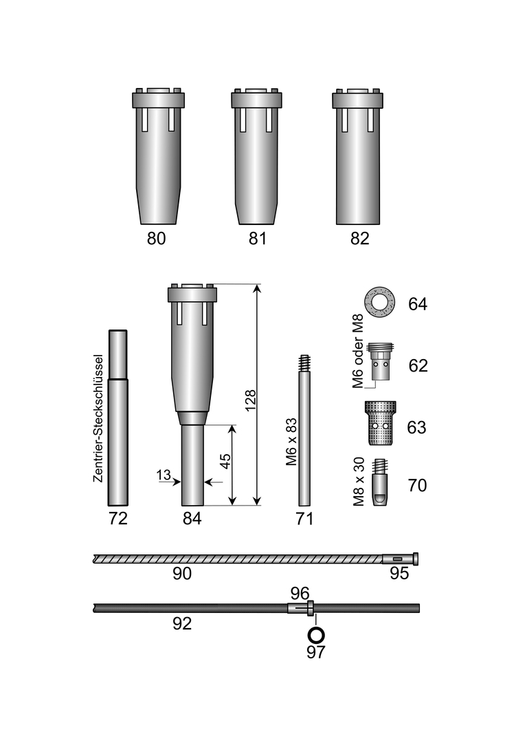 Engspalt Gasdüse mit Zylinder L48mm 130mm Gesamtlänge für MHS 35-D 400/500